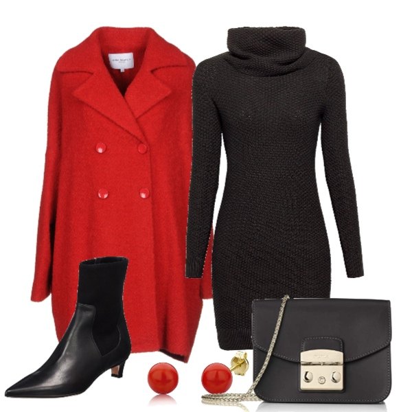 Outfit donna - Basic #20395. Stile Basic per Serata fuori. Abbinamento con cappotto doppiopetto collo con revers a maniche lunghe interno foderato in bouclè tinta unita, vestito nero, stivali chelsea nero, borsa a tracolla nero, orecchini in oro giallo multicolore.