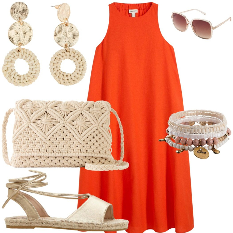 Outfit donna - Summer. Stile Romantica per Mare. Abbinamento con vestiti midi/longuette, orecchini, braccialetti, occhiali da sole, borse a tracolla, sandali.
