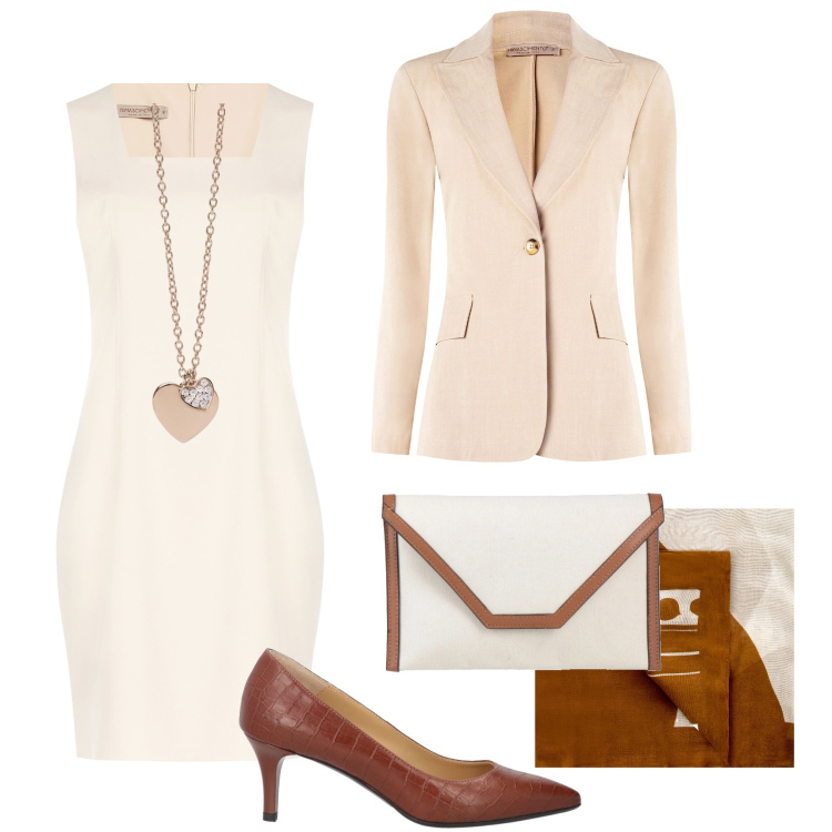 Outfit donna - Tubino per la Cresima. Stile Chic per Cerimonia. Abbinamento con décolleté, borse a mano, ciondoli, vestiti a tubino, blazer, sciarpe.