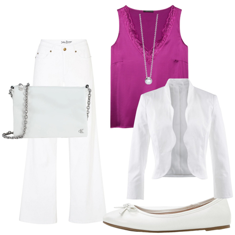 Outfit donna - Gita fuori porta. Stile Casual per Tutti i giorni. Abbinamento con blazer, ballerine, jeans, borse a tracolla, collane, top.