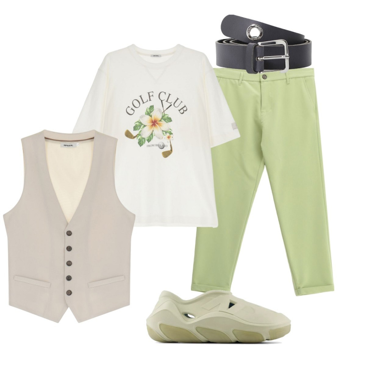Outfit uomo - Per oggi casual. Stile Casual per Tutti i giorni. Abbinamento con sneakers, t-shirt, cinture, pantaloni, gilet.
