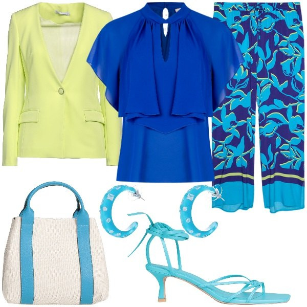 Outfit donna - Rouches e volumi curvy romantici. Stile Glamour per Cerimonia. Abbinamento con sandali in pelle, orecchini, blazer, borse a mano, bluse, pantaloni a palazzo.