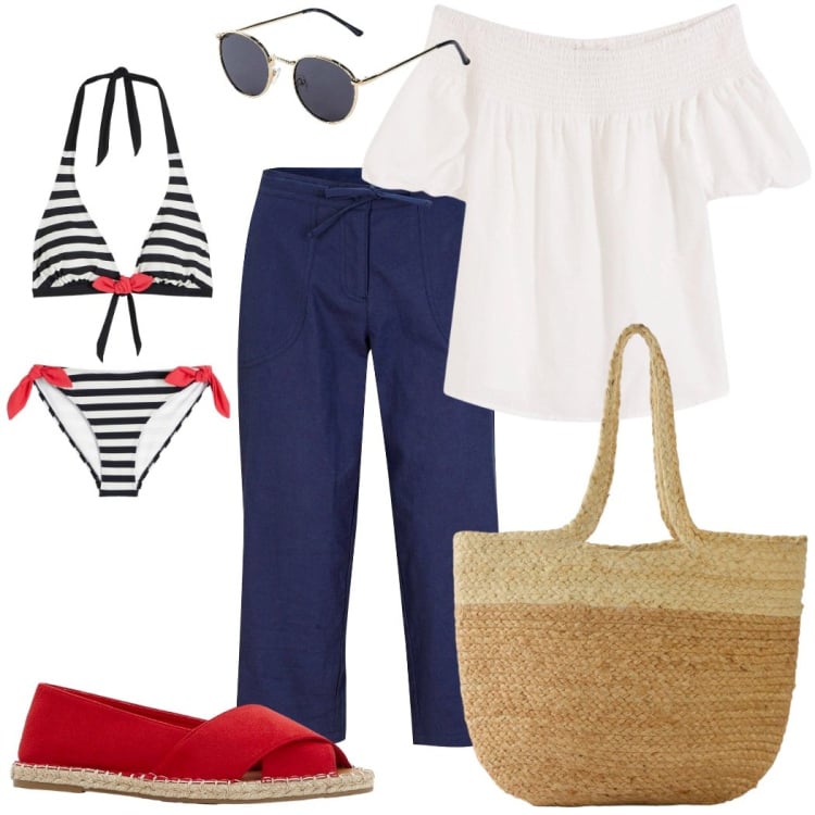 Outfit donna - Gita in barca. Stile Romantica per Mare. Abbinamento con pantaloni capri, occhiali da sole, camicie, espadrillas, bikini, shopping bag.