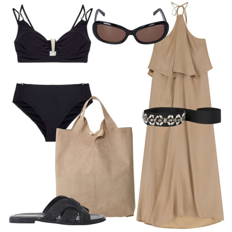 Outfit donna - Eleganza estiva. Stile Chic per Mare. Abbinamento con vestiti lunghi, shopping bag, sandali, bikini, cinture, occhiali da sole.