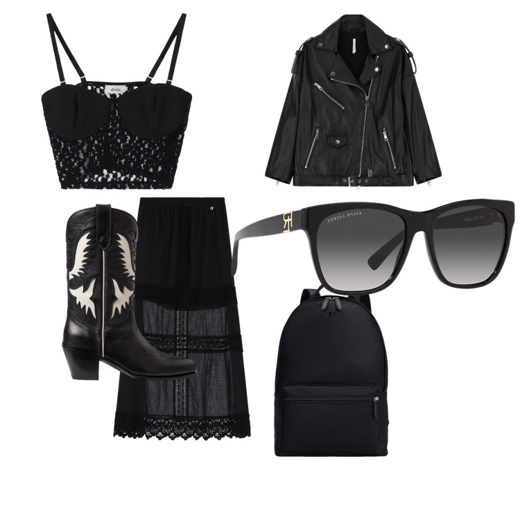 Outfit donna - Black Rock. Stile Rock per Serata fuori. Abbinamento con giacche, top, gonne lunghe, occhiali da sole, zaini, stivali.