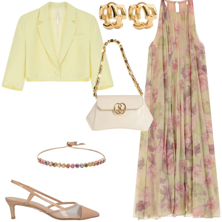 Outfit donna - Cerimonia evento serata. Stile Romantica per Cerimonia. Abbinamento con borse a mano, décolleté, braccialetti, vestiti lunghi, blazer, orecchini.
