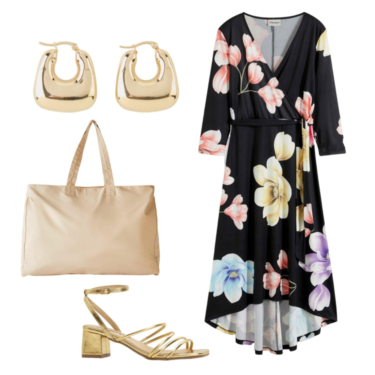 Outfit donna - Total look #2174401. Stile Casual chic per Ufficio. Abbinamento con vestiti lunghi, sandali col tacco, orecchini, shopping bag.