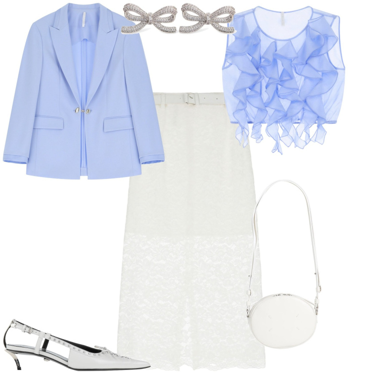 Outfit donna - Cerimonia evento serata. Stile Chic per Cerimonia. Abbinamento con décolleté, borse a tracolla, blazer, top, gonne longuette, orecchini.