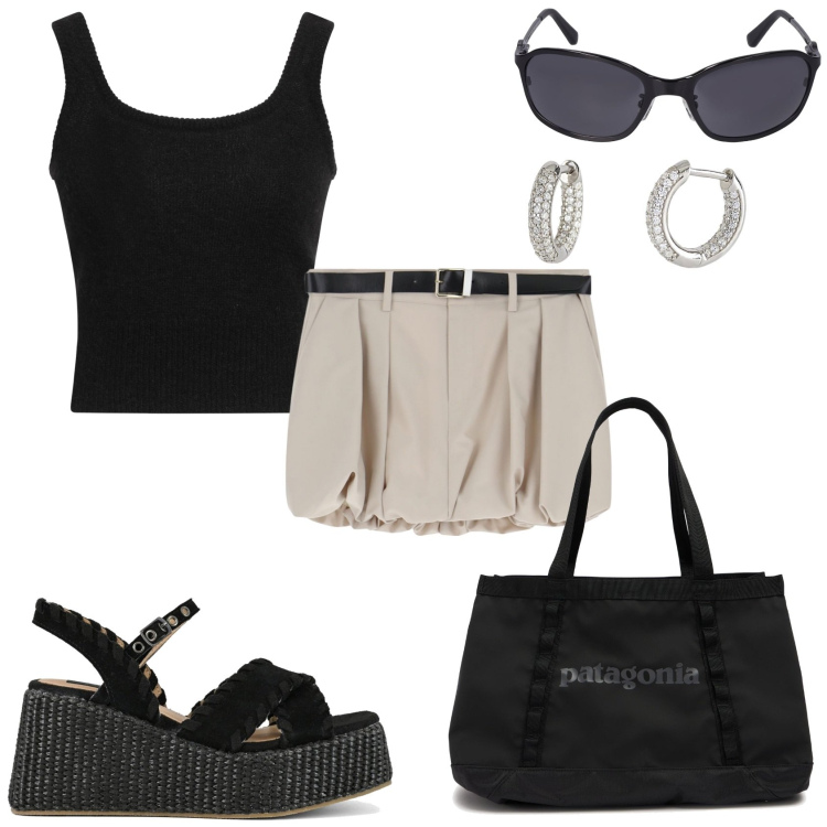 Outfit donna - Con il caldo. Stile Casual chic per Tutti i giorni. Abbinamento con top, orecchini, minigonne, zeppe, shopping bag, occhiali da sole.