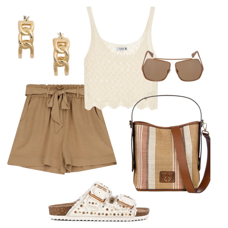 Outfit donna - Shorts in trend. Stile Casual per Tutti i giorni. Abbinamento con borse a secchiello, top, shorts, orecchini, sandali, occhiali da sole.