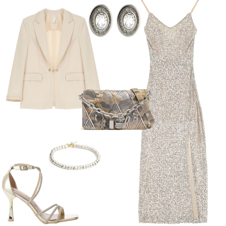 Outfit donna - Serata evento glamour. Stile Glamour per Serata fuori. Abbinamento con blazer, sandali col tacco, vestiti lunghi, braccialetti, orecchini, pochette.