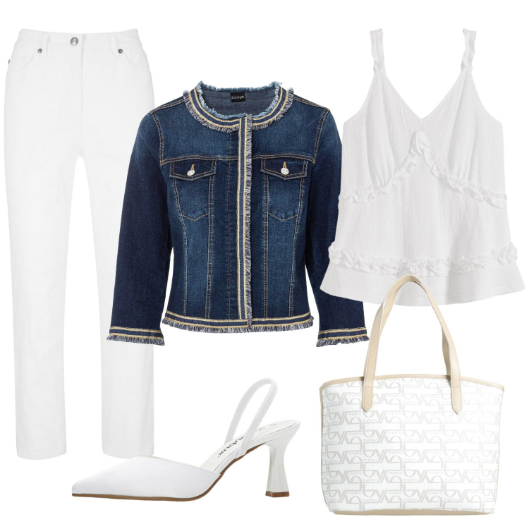 Outfit donna - In bianco per l\'ufficio. Stile Casual per Ufficio. Abbinamento con pantaloni, blazer, décolleté, top, borse a mano.