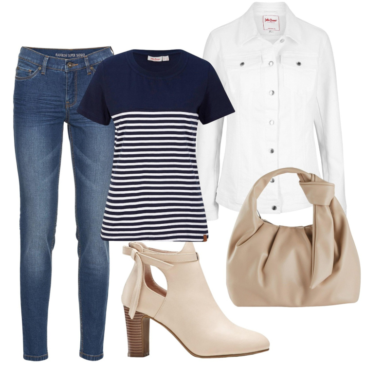Outfit donna - Look sporty Bonprix. Stile Sporty chic per Ufficio. Abbinamento con jeans skinny, stivaletti, t-shirt, borse a mano, blazer.