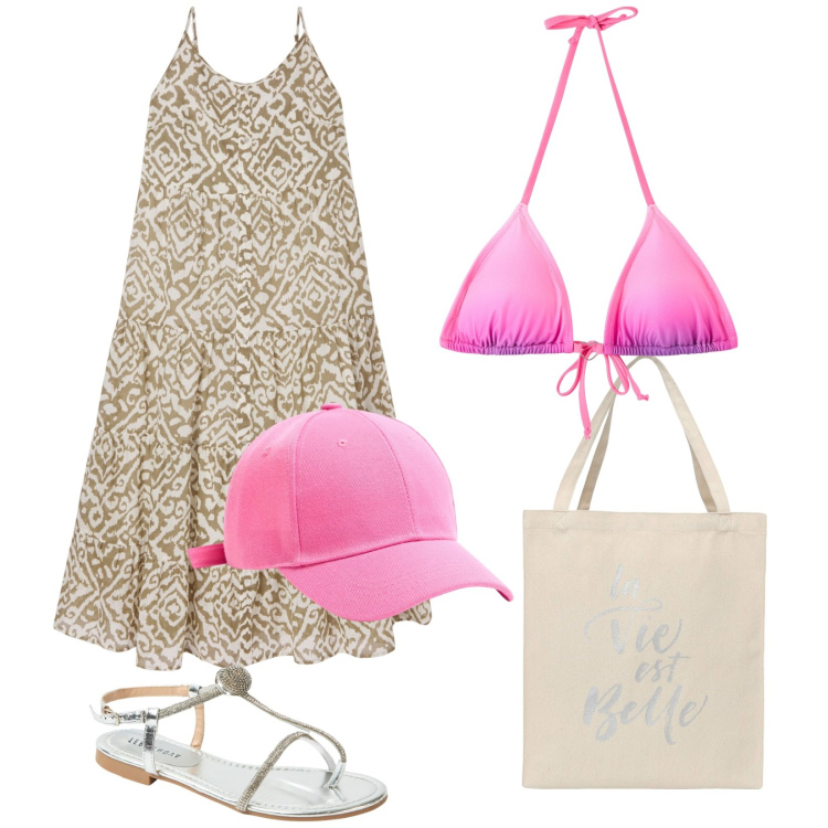 Outfit donna - Summer vibes. Stile Casual per Mare. Abbinamento con vestiti lunghi, borse tote, bikini, cappelli, ciabatte.