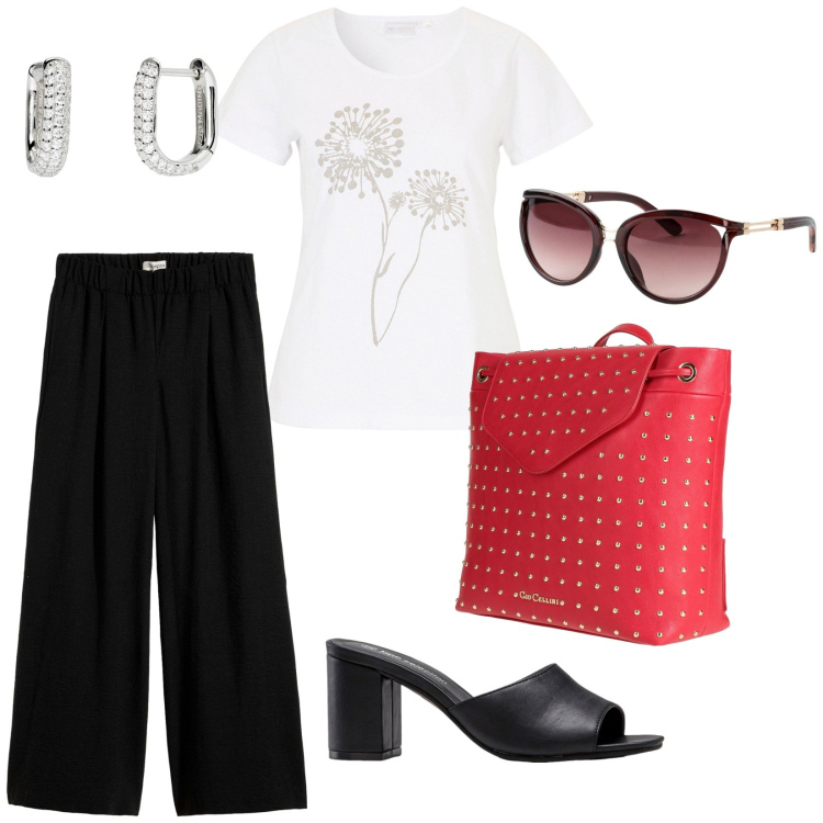 Outfit donna - Spesa di profumi e sapone. per Tutti i giorni. Abbinamento con pantaloni a palazzo, t-shirt, occhiali da sole, ciabatte, zaini, orecchini.