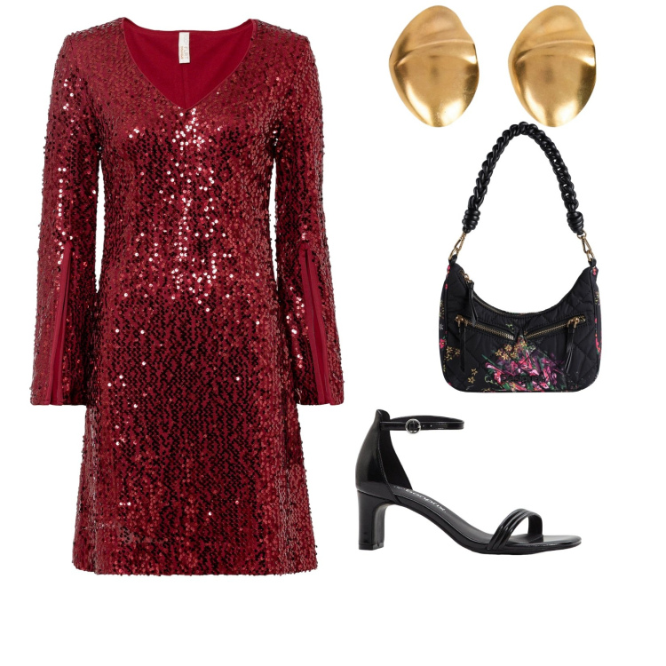 Outfit donna - Sabato sera si balla. per Serata fuori. Abbinamento con vestiti, sandali col tacco, borse a mano, orecchini.