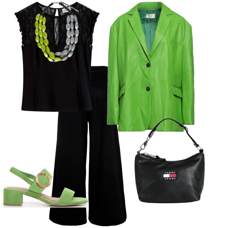 Outfit donna - A lavoro. per Ufficio. Abbinamento con top, pantaloni culotte, borse a mano, blazer, collane, sandali col tacco.