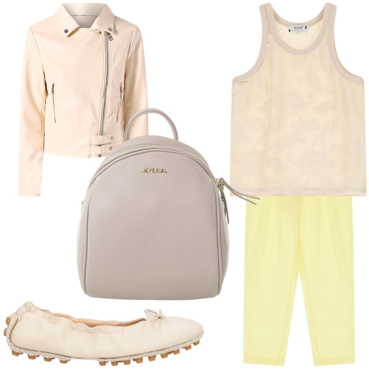 Outfit donna - Passeggiata pastello. Stile Casual chic per Tutti i giorni. Abbinamento con ballerine, giacche, top, pantaloni, zaini.