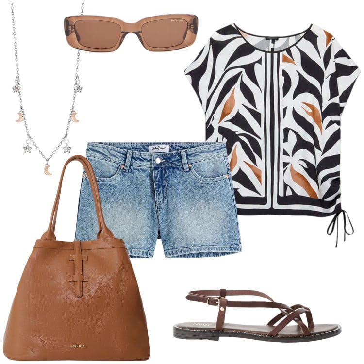 Outfit donna - Un estate al mare. Stile Casual per Mare. Abbinamento con shorts, collane, borse tote, sandali, bluse, occhiali da sole.