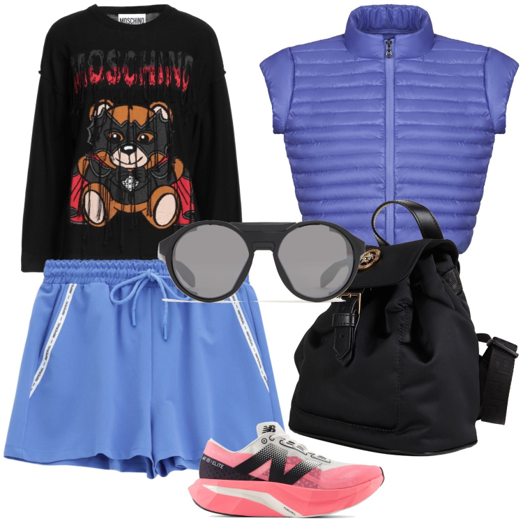 Outfit donna - Weekend in barca. Stile Casual chic per Mare. Abbinamento con zaini, pullovers, sneakers, shorts, blazer, occhiali da sole.
