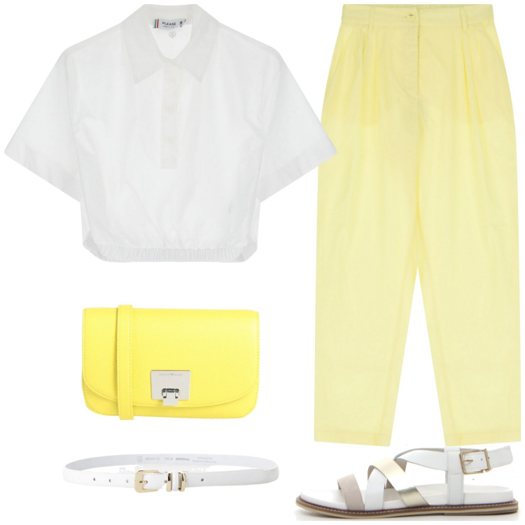 Outfit donna - Giallo limone. Stile Casual per Tutti i giorni. Abbinamento con borse a tracolla, camicie a manica corta, cinture, pantaloni, sandali.