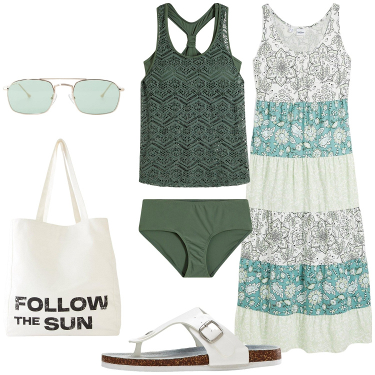 Outfit donna - Al mare. Stile Basic per Mare. Abbinamento con costumi interi, infradito, vestiti lunghi, shopping bag, occhiali da sole.