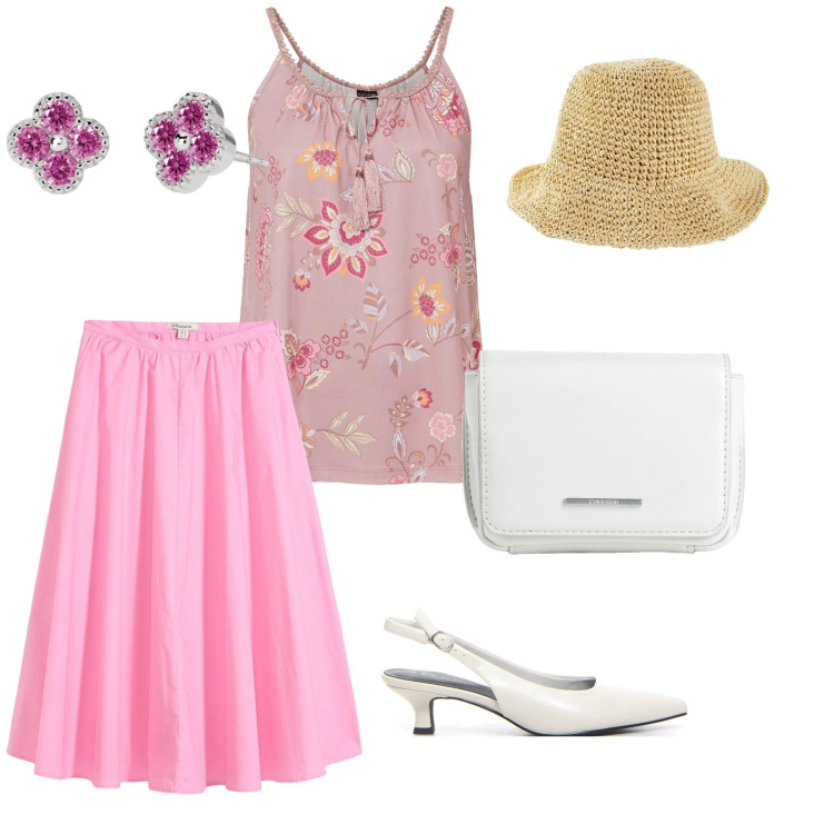 Outfit donna - Ad Amalfi. per Mare. Abbinamento con cappelli, gonne longuette, top, marsupi, orecchini, décolleté.