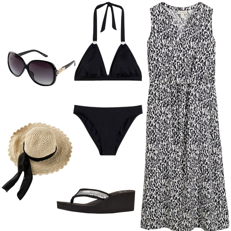 Outfit donna - Bikini e cappellino. Stile Casual per Mare. Abbinamento con bikini, infradito, occhiali da sole, cappelli, vestiti lunghi.