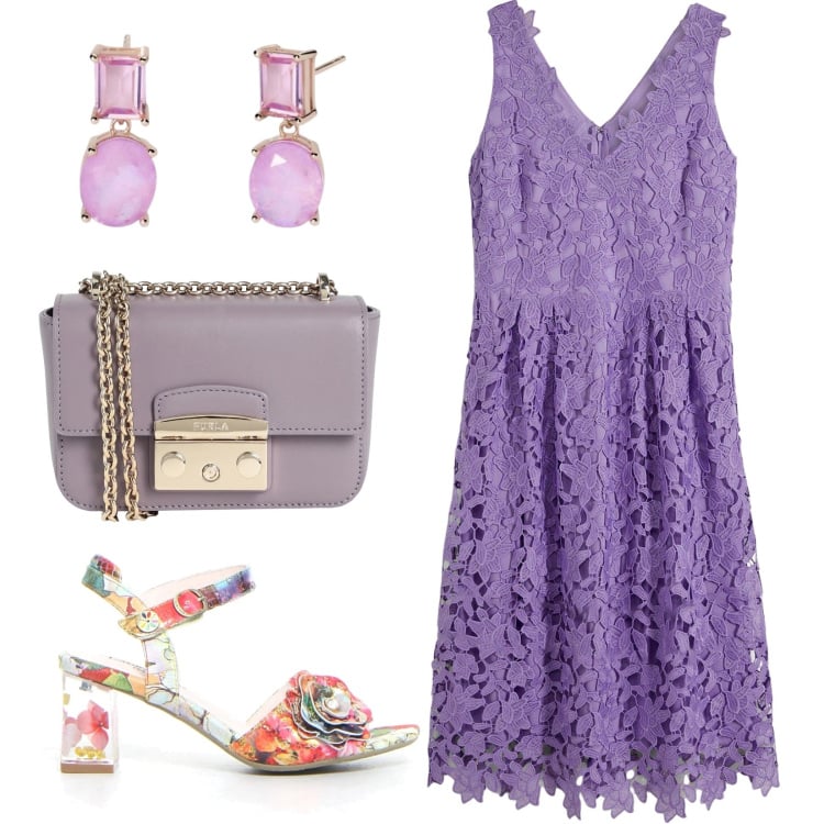 Outfit donna - Pizzo e fiorellini. Stile Glamour per Tutti i giorni. Abbinamento con vestiti, borse a spalla, orecchini, sandali col tacco.