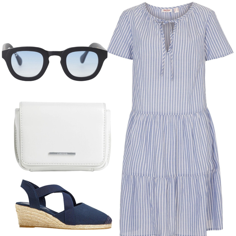 Outfit donna - Mattinata di corsa. Stile Casual per Tutti i giorni. Abbinamento con vestiti, sandali col tacco, marsupi, occhiali da sole.