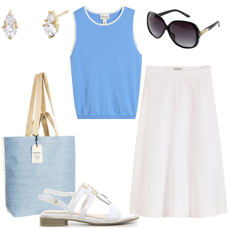 Outfit donna - Vacanze in Grecia. per Mare. Abbinamento con occhiali da sole, gonne longuette, canottiere, orecchini, borse tote, sandali.