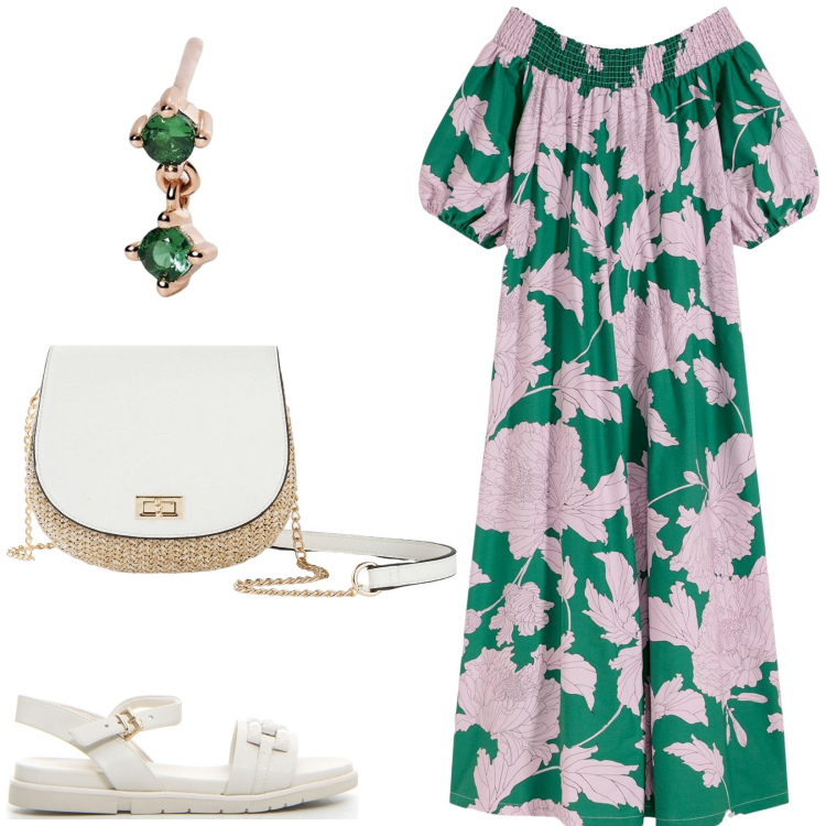 Outfit donna - Maxi abito. Stile Casual per Tutti i giorni. Abbinamento con borse a tracolla, vestiti, orecchini, sandali.