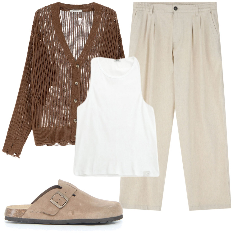 Outfit uomo - Tinte neutre. Stile Casual per Tutti i giorni. Abbinamento con pantaloni, cardigans, canottiere, sandali.