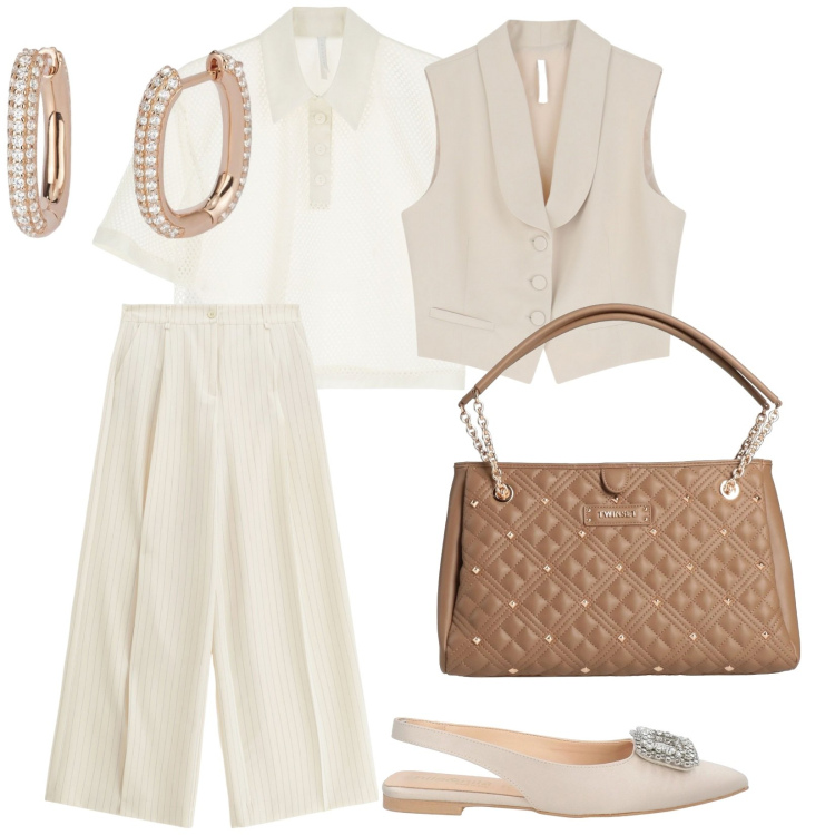 Outfit donna - Ufficio. per Ufficio. Abbinamento con ballerine, borse a mano, orecchini, pantaloni a palazzo, t-shirt, gilet.