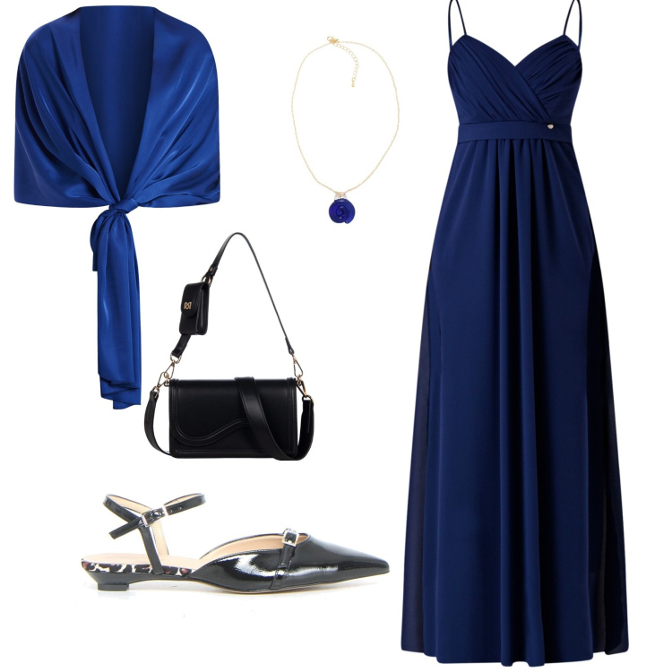 Outfit donna - Cena in terrazza. per Serata fuori. Abbinamento con collane, vestiti lunghi, stole, pochette, sandali in pelle.