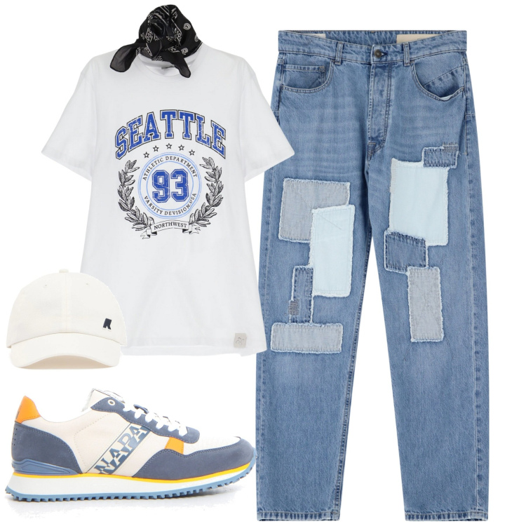 Outfit uomo - Total look #2174488. Stile Casual per Tutti i giorni. Abbinamento con jeans dritti, t-shirt, sneakers, cappelli.