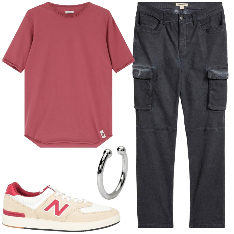 Outfit uomo - Total look #2174491. Stile Casual per Tutti i giorni. Abbinamento con pantaloni cargo, sneakers, orecchini, t-shirt.