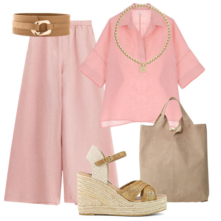 Outfit donna - La freschezza del lino. Stile Trendy per Tutti i giorni. Abbinamento con cinture, camicie a manica corta, pantaloni, shopping bag, collane, zeppe.