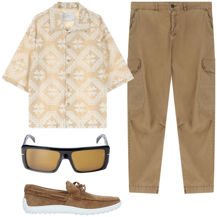 Outfit uomo - Total look #2174494. Stile Trendy per Tutti i giorni. Abbinamento con scarpe stringate, camicie a manica corta, pantaloni cargo, occhiali da sole.