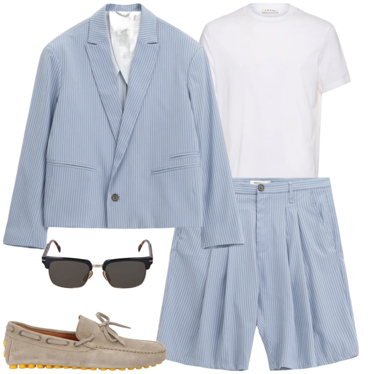 Outfit uomo - City. Stile Trendy per Tutti i giorni. Abbinamento con scarpe stringate, giacche, bermuda, occhiali da sole, t-shirt.