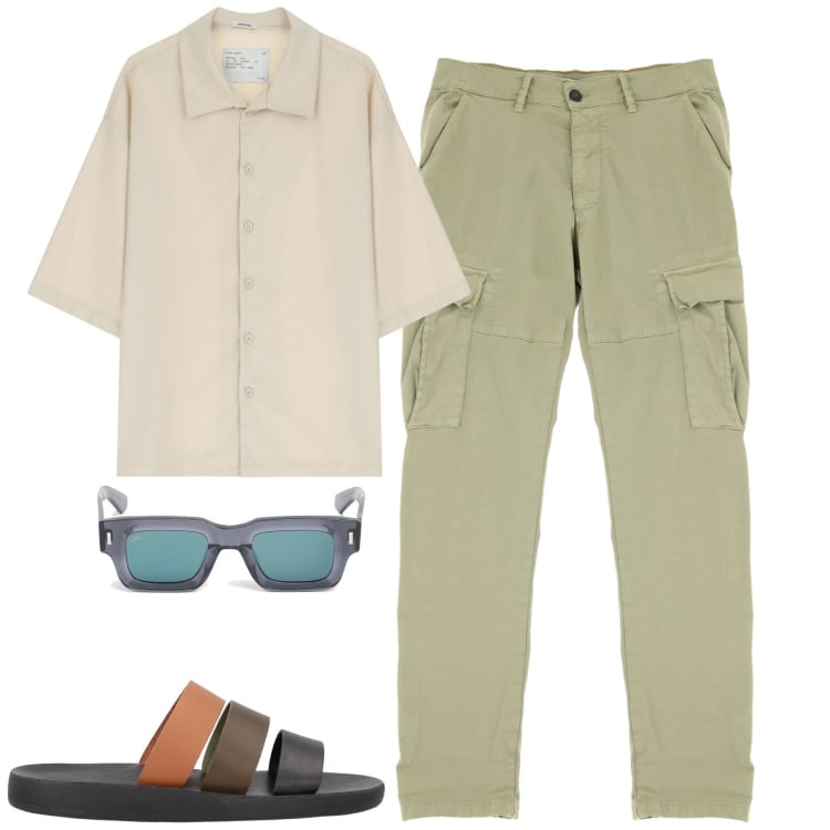 Outfit uomo - Summer. Stile Casual per Tutti i giorni. Abbinamento con sandali, pantaloni cargo, camicie, occhiali da sole.