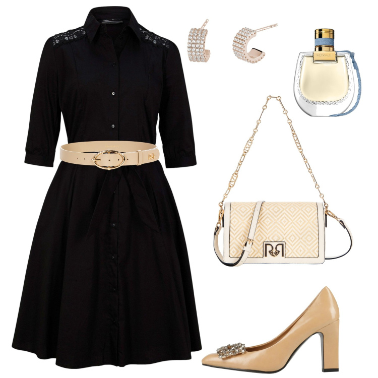 Outfit donna - Vestito chemisier nero con pizzo. Stile Casual chic per Tutti i giorni. Abbinamento con vestiti chemisier, décolleté, profumi, orecchini, cinture, borse a tracolla.