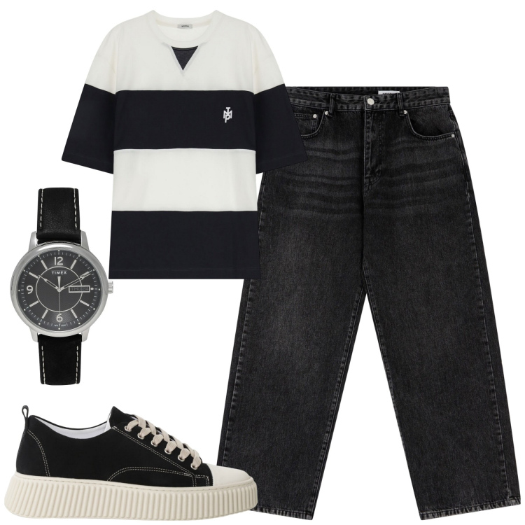 Outfit uomo - City. Stile Casual per Tutti i giorni. Abbinamento con orologi, sneakers, t-shirt, jeans dritti.