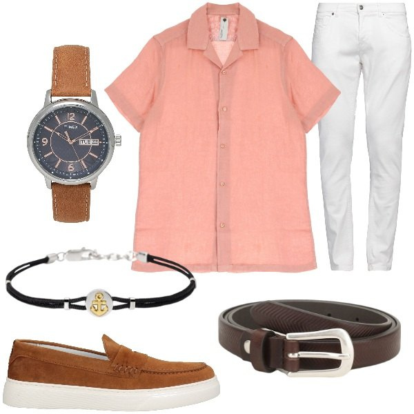 Outfit uomo - Camicie a maniche corte. Stile Casual per Tutti i giorni. Abbinamento con orologi, pantaloni chino, scarpe stringate, braccialetti, cinture, camicie a manica corta.