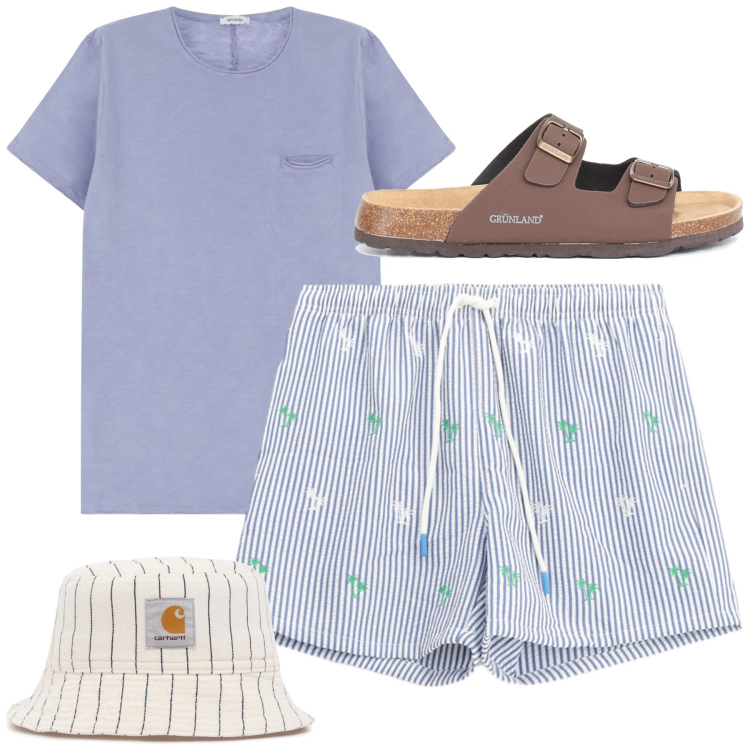 Outfit uomo - Al mare. Stile Casual per Mare. Abbinamento con costumi, t-shirt, cappelli, sandali.
