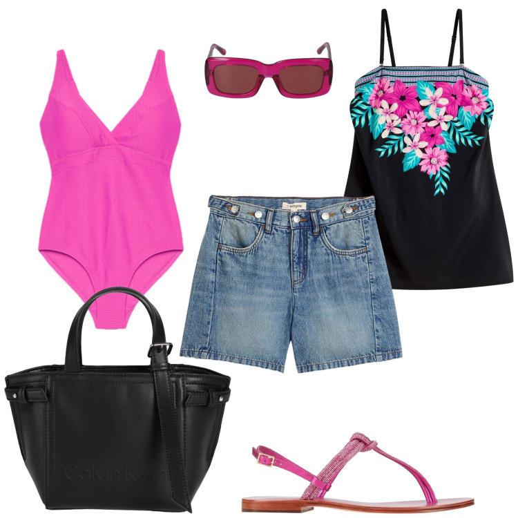 Outfit donna - Costume, jeans, accessori. Stile Casual per Mare. Abbinamento con shorts, vestiti da spiaggia, borse a mano, infradito, costumi interi, occhiali da sole.