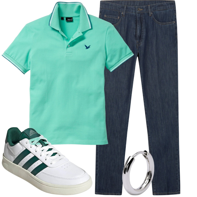 Outfit uomo - City. Stile Casual per Tutti i giorni. Abbinamento con polo, orecchini, jeans, sneakers.