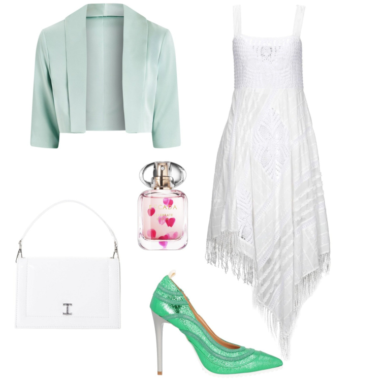 Outfit donna - Abito bianco asimmetrico con accessori. Stile Bon Ton per Serata fuori. Abbinamento con vestiti asimmetrici, décolleté, profumi, bolero, borse a tracolla.