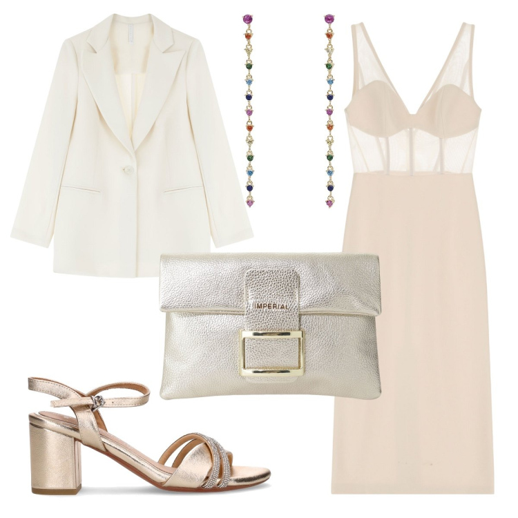 Outfit donna - Apericena post riunione. Stile Chic per Ufficio. Abbinamento con orecchini, blazer, vestiti midi/longuette, pochette, sandali in pelle.