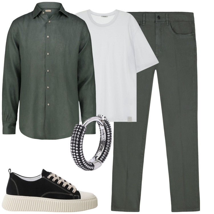 Outfit uomo - Total look #2174517. Stile Trendy per Tutti i giorni. Abbinamento con orecchini, sneakers, t-shirt, pantaloni, camicie.